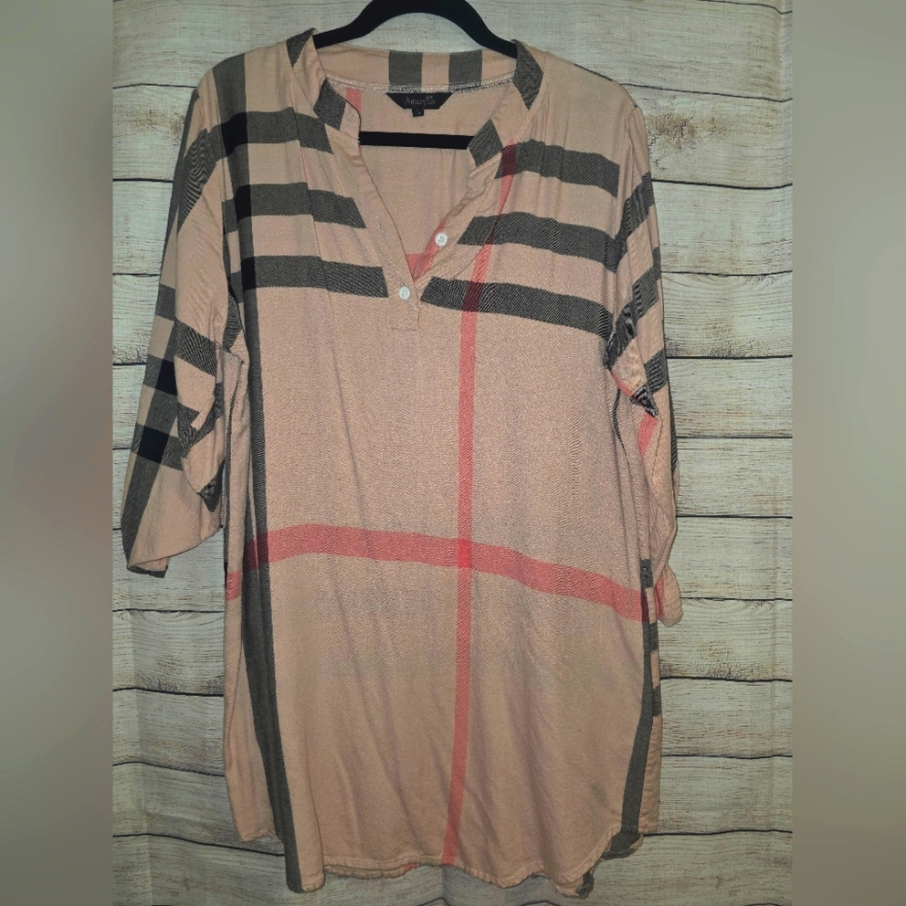 Amaryllis Pink Tan Polo Collar Cuffed Sleeve Dress
